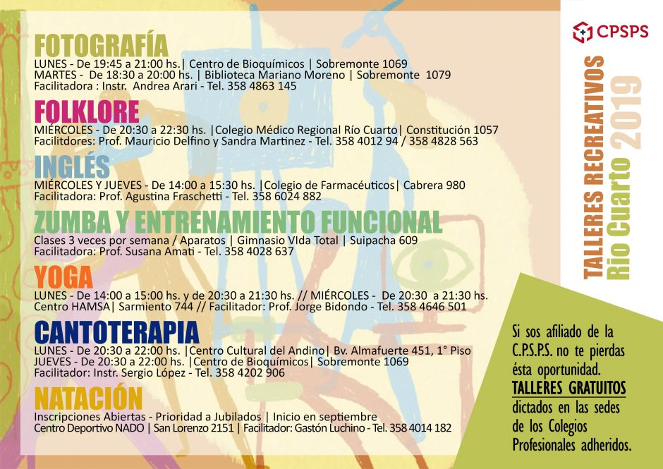 TALLERES RECREATIVOS 2019 Colegio Médico Regional de Río Cuarto